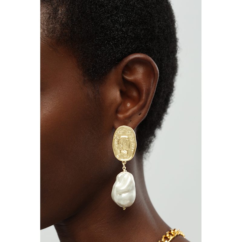 Thumbnail of Matted Gold Sculpted Oversized Baroque Pearl Drop Earrings image
