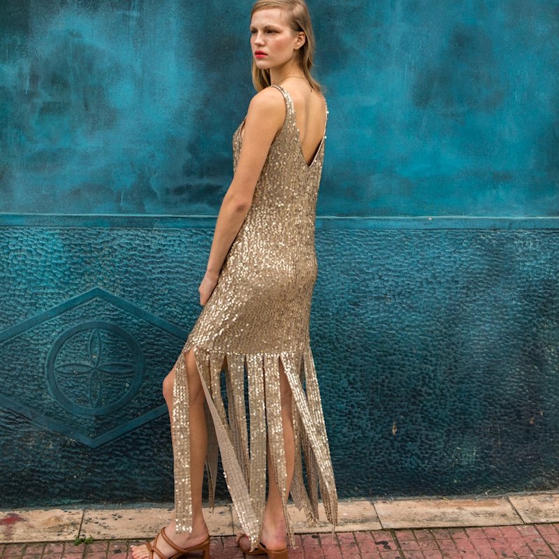 slim fit dress slacks Gold Adorned Dress with Embellished Stick Details S / Emerald Green main image 1
