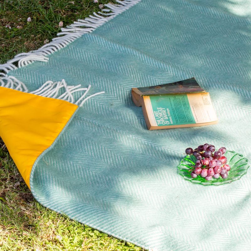 Thumbnail of Pure New Wool Waterproof Picnic Blanket Mint Green & Yellow image