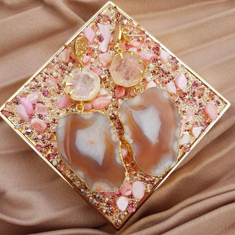 Thumbnail of 'Hold On' Rose Quartz Agate Gemstone Gold Statement Earrings image