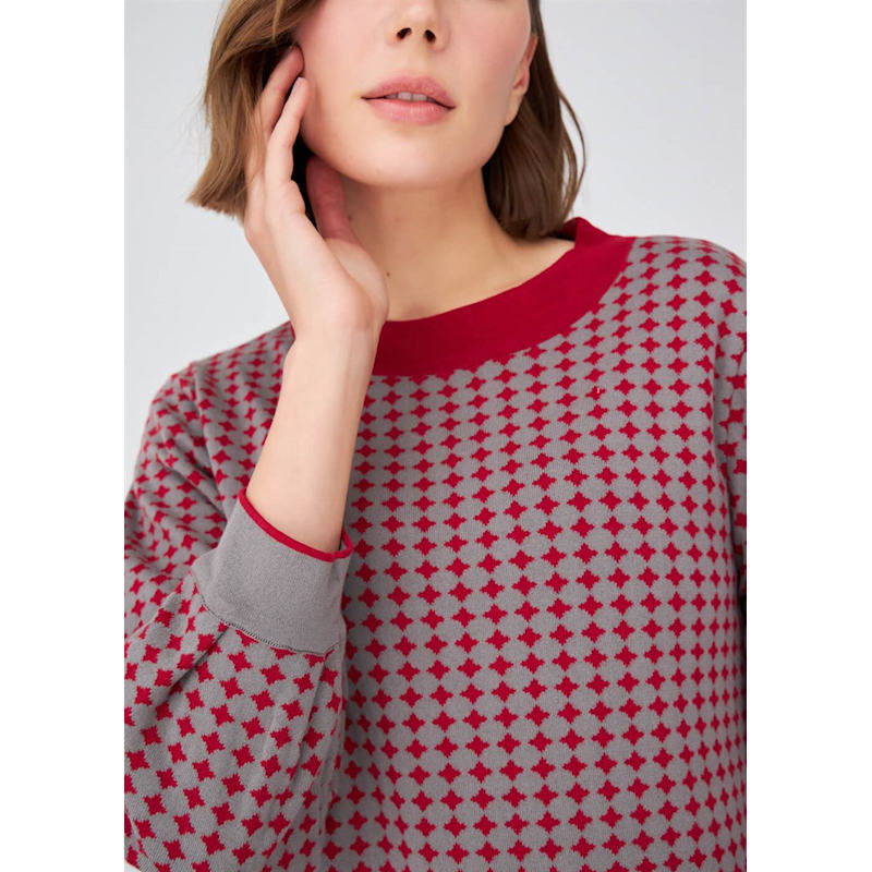Thumbnail of Organic Cotton Wide O-Neck 3/4 Pleated Sleeve Above-Knee Knitwear Dress - Grey/Bordeaux image