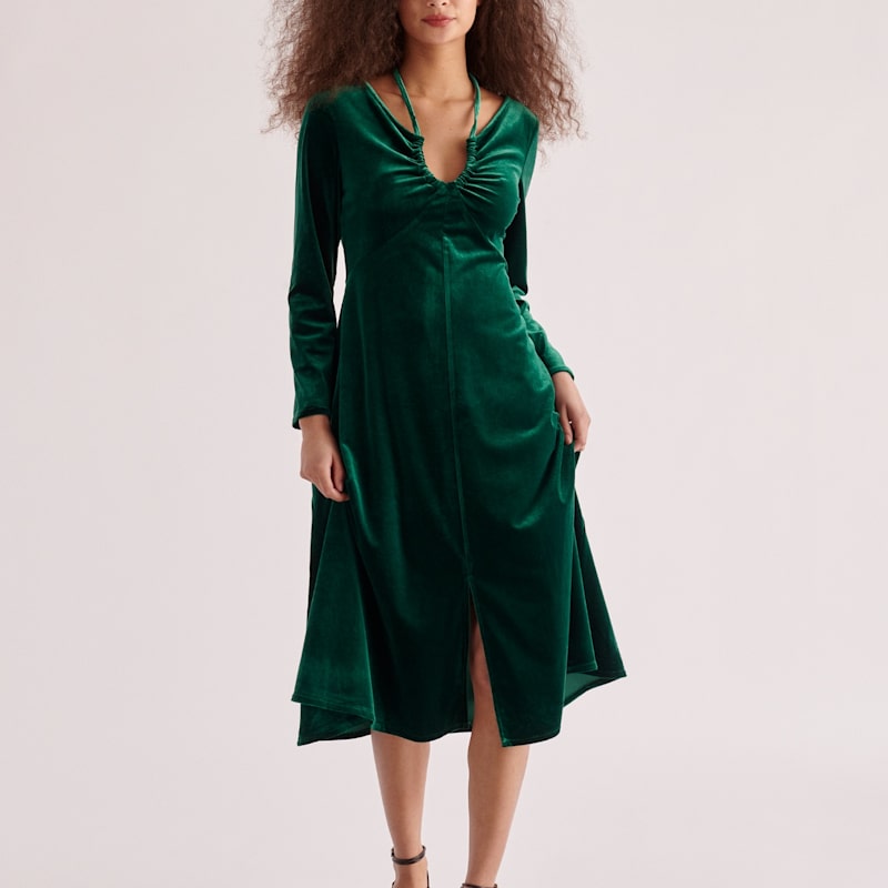 Thumbnail of Velvet Tie-Neck Dress In Dark Green image