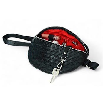 Nexus Woven Leather Belt Bag, Minimal Black Waist Purse With Red Lining
