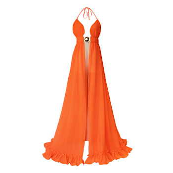 wolf and badger orange dress Iza Orange Ruffle Maxi Dress by OFUURE