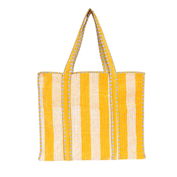 The Striped Velvet Tote In Yellow