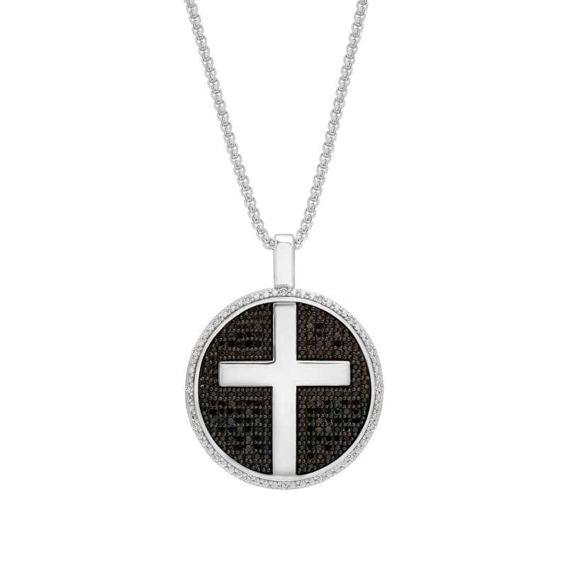 Thumbnail of Black & White  Diamond Men's Cross Disc Pendant In Sterling Silver image