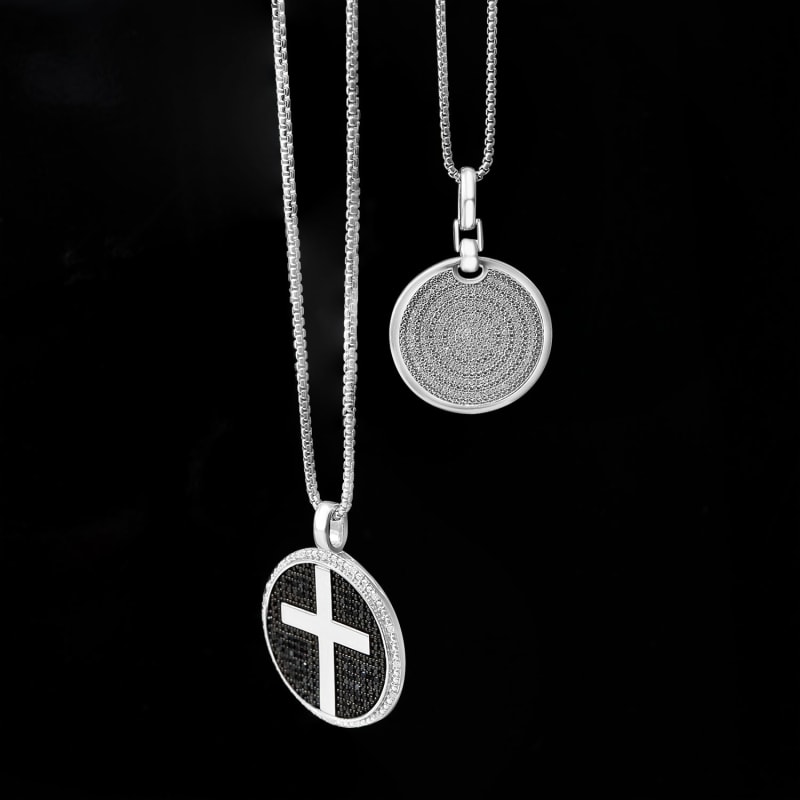 Thumbnail of Black & White  Diamond Men's Cross Disc Pendant In Sterling Silver image