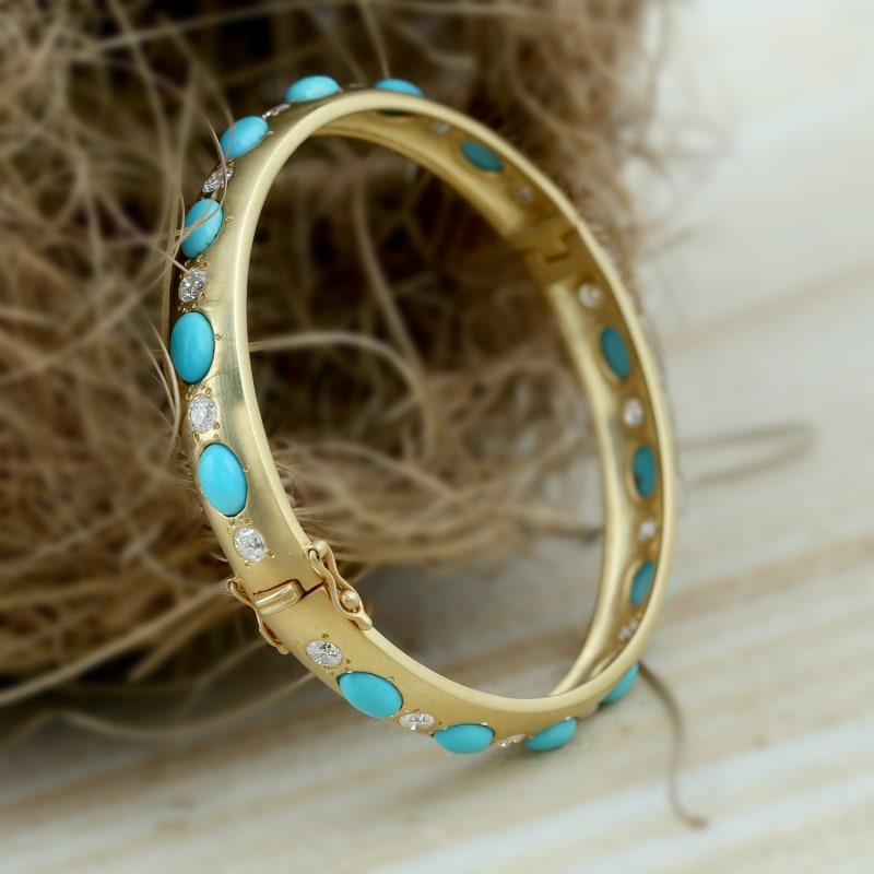 10K Gold Turquoise Gemstone Natural Diamond Bangle Artisan