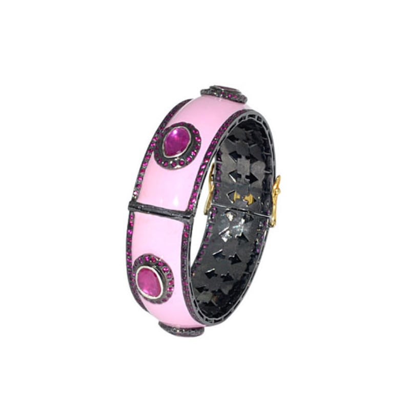 Thumbnail of 14K Gold & 925 Silver With Ruby Pave Gemstone Enamel Designer Bangle image