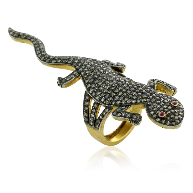 Thumbnail of 14K Gold Sterling Sliver With Natural Ruby & Pave Diamond Lizard Design Long Ring image