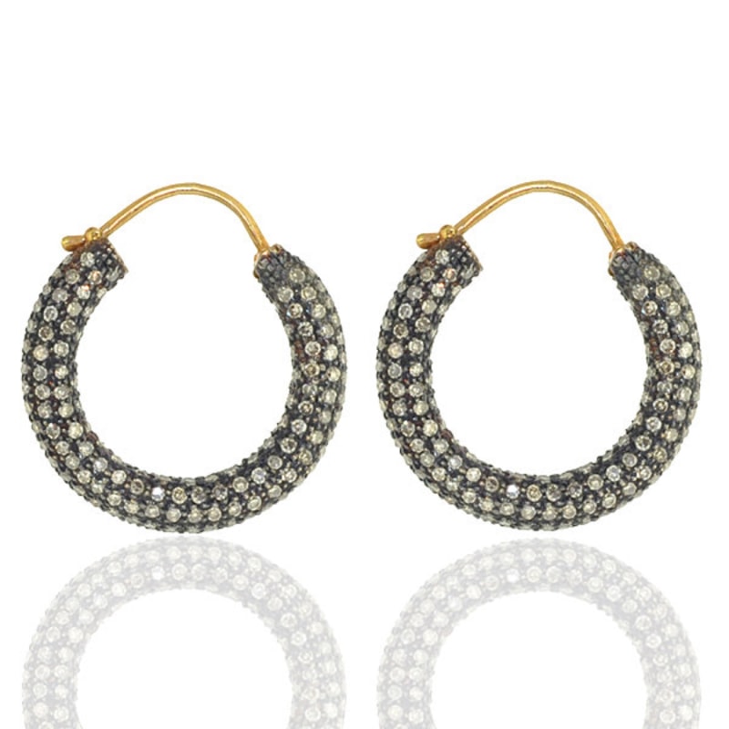 14K Yellow Gold & Silver With Pave Diamond Designer Hoop Earrings ...