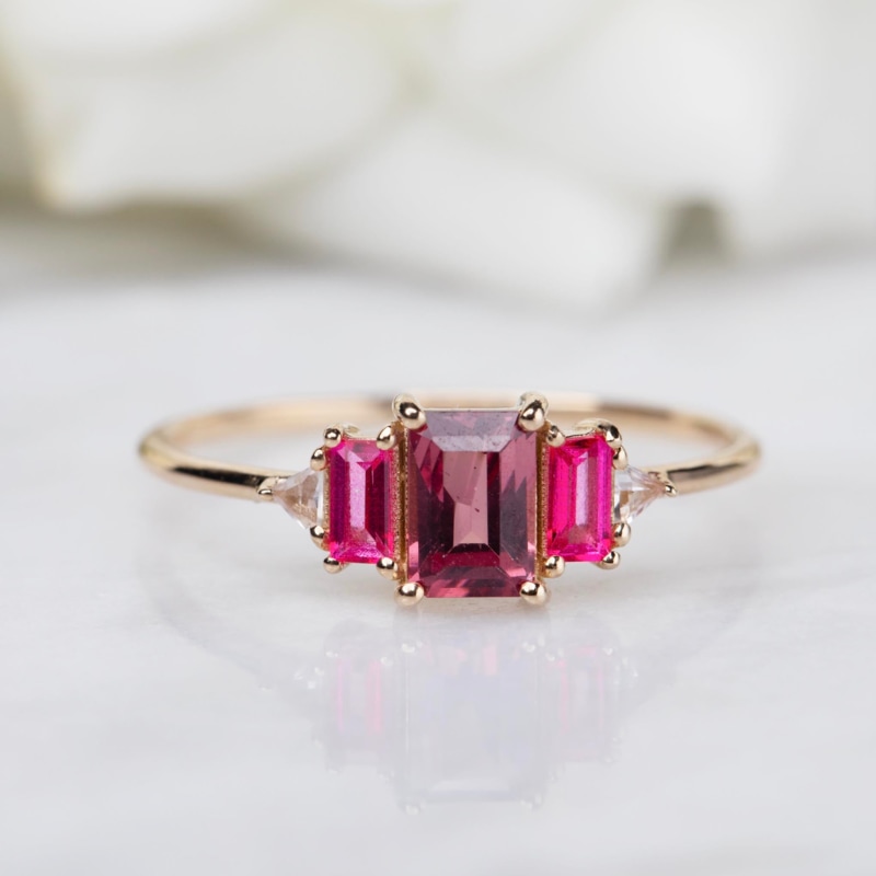 Solid Gold Rhodolite Garnet Topaz Cascading Love Ring La