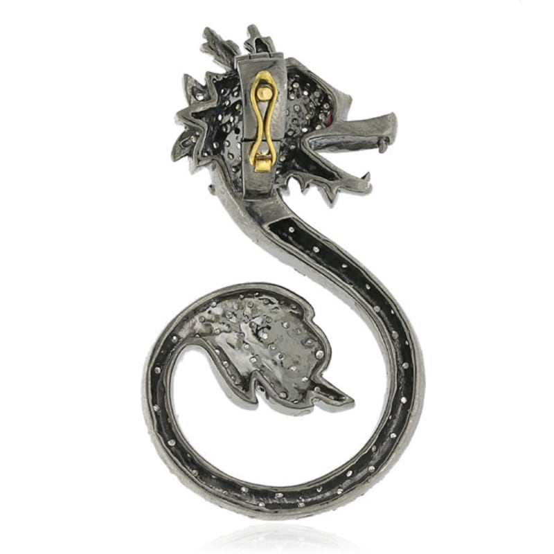 Thumbnail of 18K Gold & 925 Silver With Ruby And Pave Diamond Dragon Design Pendant image