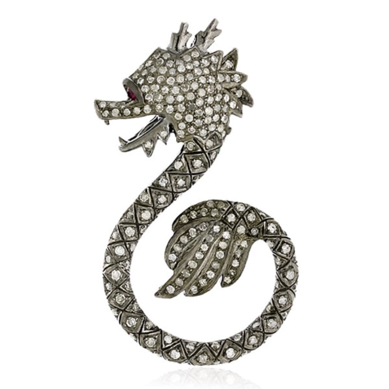 Thumbnail of 18K Gold & 925 Silver With Ruby And Pave Diamond Dragon Design Pendant image