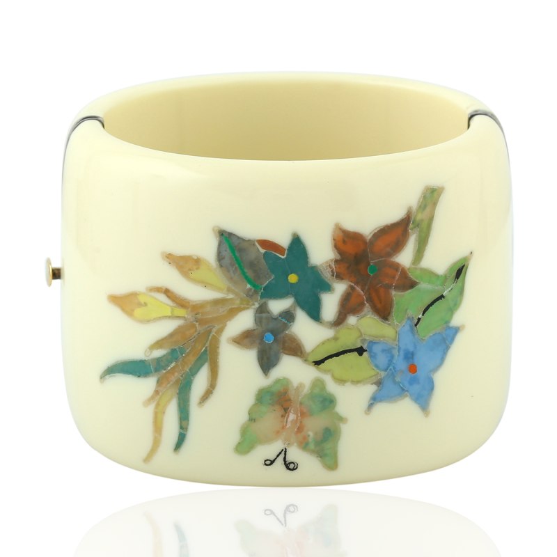 Thumbnail of 18K Gold & 925 Sterling Silver Flower Leaf Butterfly Design Bakelite Bangle Jewelry image