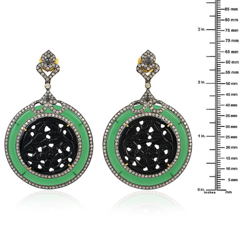 Thumbnail of 18K Gold Silver With Carved Black & Green Onyx Gemstone Pave Diamond Dangle Earrings image