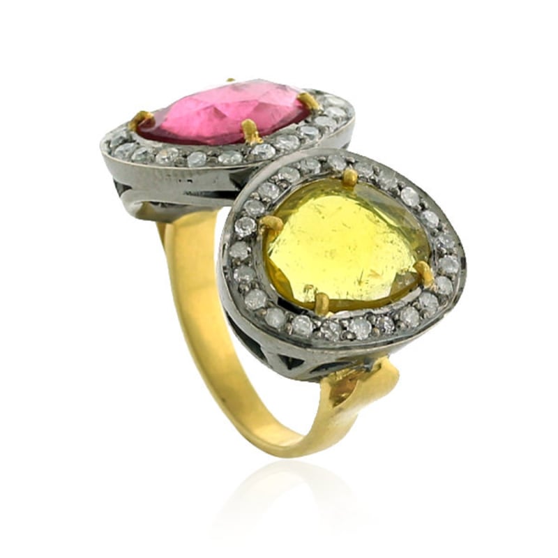 Thumbnail of 18K Gold Silver With Multi Tourmaline Gemstone & Pave Diamond Classic Ring image