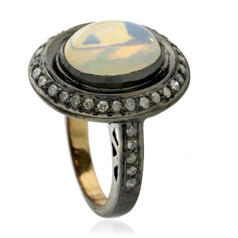 Thumbnail of 18K Gold Silver With Oval Cut Ethiopian Opal & Pave Diamond Vintage Cocktail Ring image