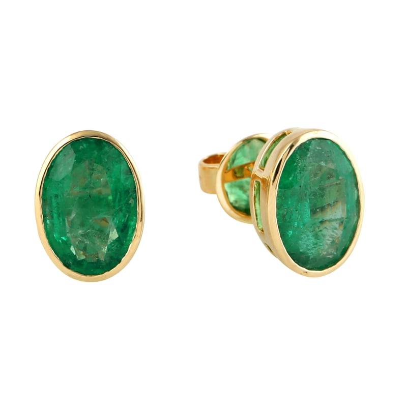 18k Solid Yellow Gold Oval Shape Natural Emerald Stud Earrings