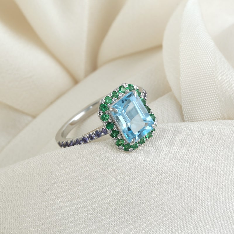 Thumbnail of 18K White Gold With Baguette Blue Topaz & Tsavorite Pave Tanzanite Cocktail Ring image