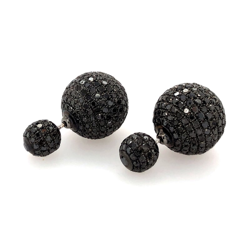 Thumbnail of 18K Yellow Gold & 925 Silver Pave Black Diamond Beads Front & Back Tunnel Earring image