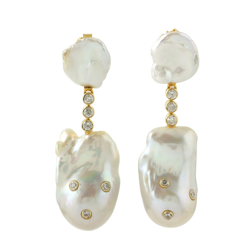 18k Yellow Gold Diamond Pearl Chinese Dangle Earrings Artisan