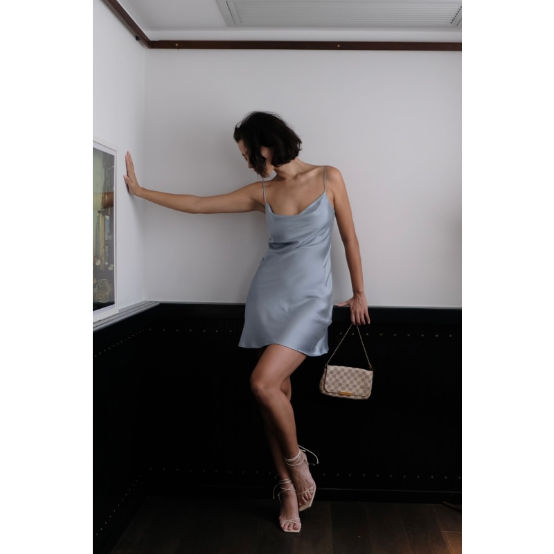 Thumbnail of Silk Cowl Mini Slip Dress - Morning Mist Blue image