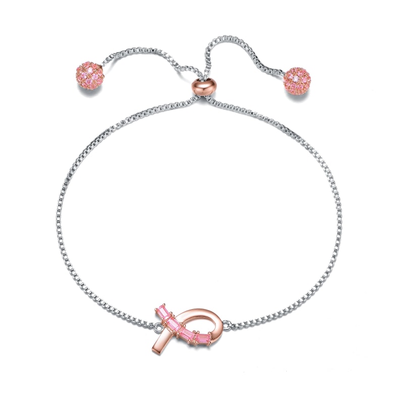 Sterling Silver Two Tone With Pink Cubic Zirconia Loop Bracelet