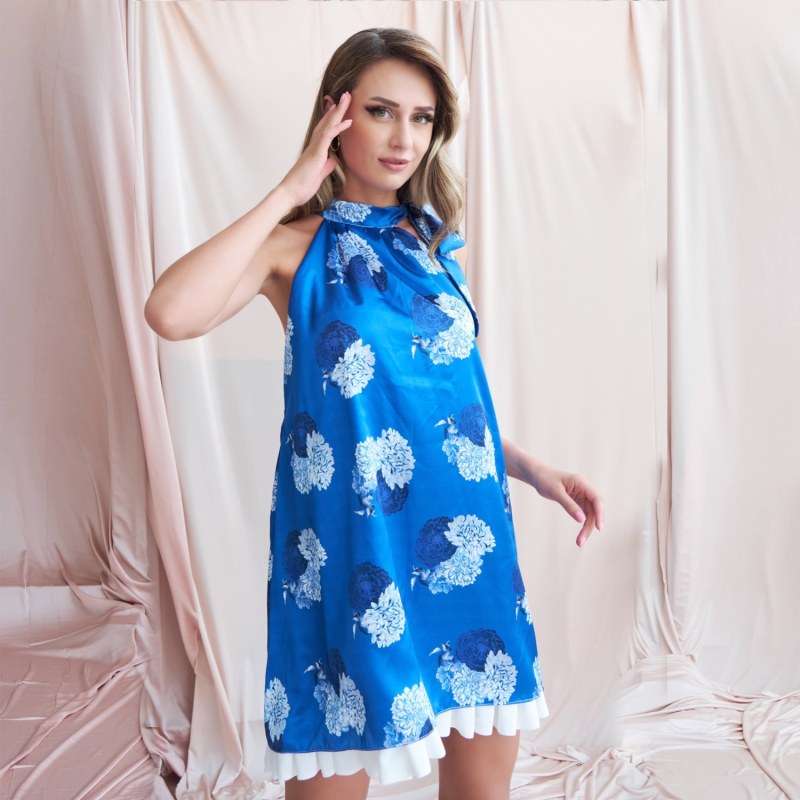 Thumbnail of Blue Floral A-Line Halter Neck Mini Dress image