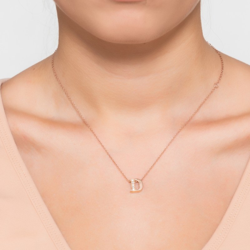 Thumbnail of Diamond Initial Letter Pendant Necklace Rose Gold D image
