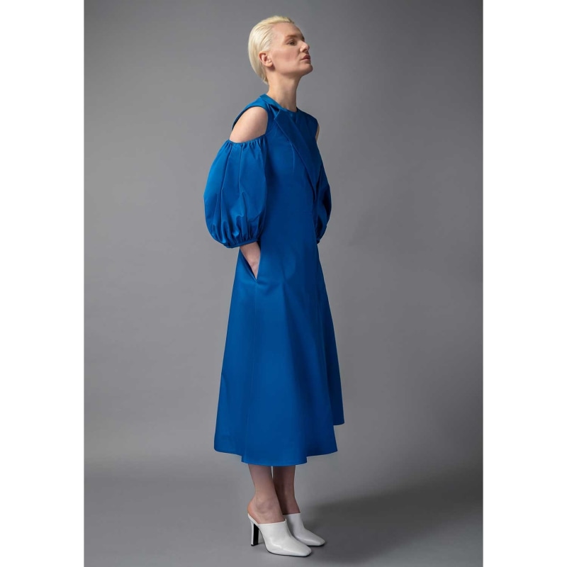 Thumbnail of Asymmetric Lapel A-Line Cotton Dress - Sapphire Blue image