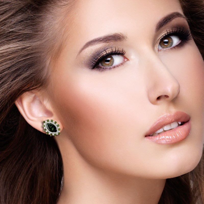 Thumbnail of 18K White Gold With Marquise Shape Green Tourmaline & Diamond Stylish Stud Earrings image