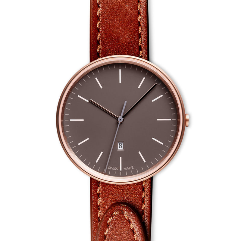 Thumbnail of Women's M38 Three-Hand Date Watch In PVD Rose Gold With Tapered Tan Nappa Leather Strap image