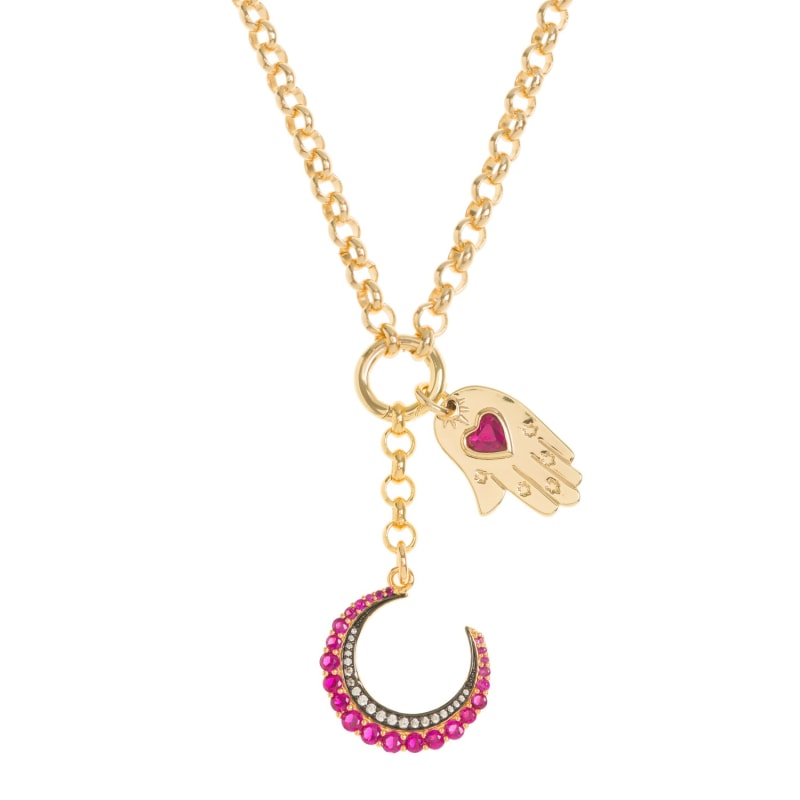 Thumbnail of Pink Crescent Moon And Hamsa Hand Necklace On Gold Belcher Chain image