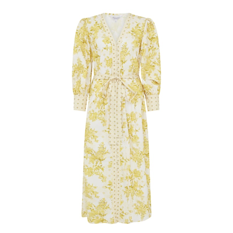 Aaliyah Button Through Long Sleeve Midi Dress in Yellow Floral ...