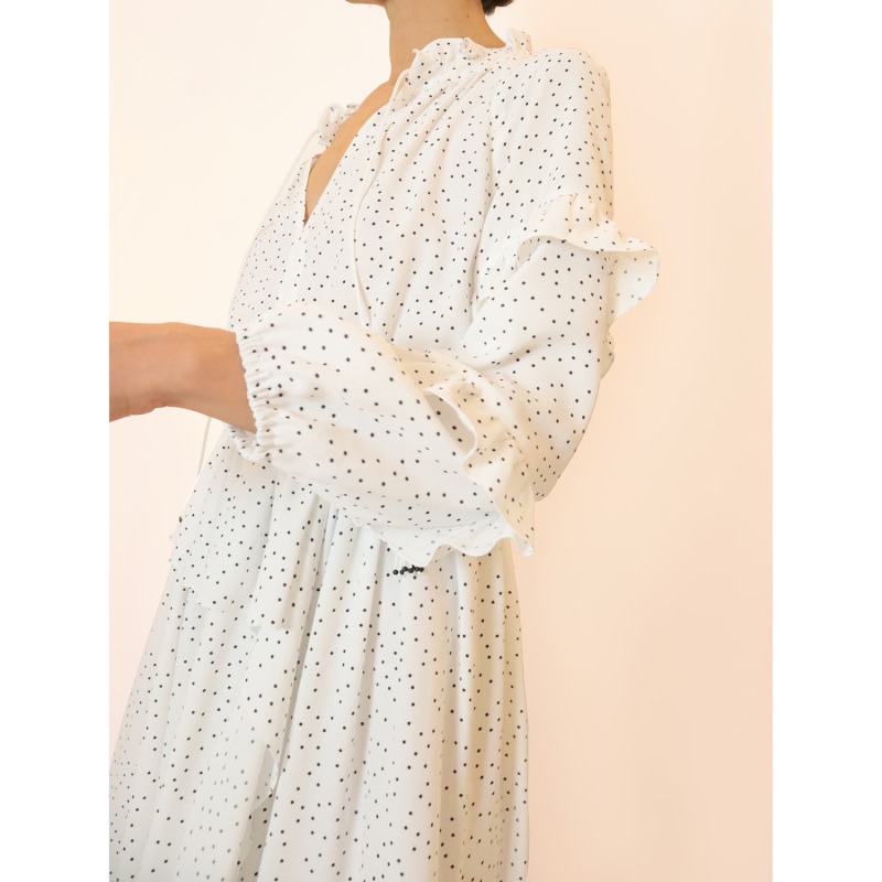 Thumbnail of Aaron Ruffled Split  Polka-Dot Midi Dress - White - Black image