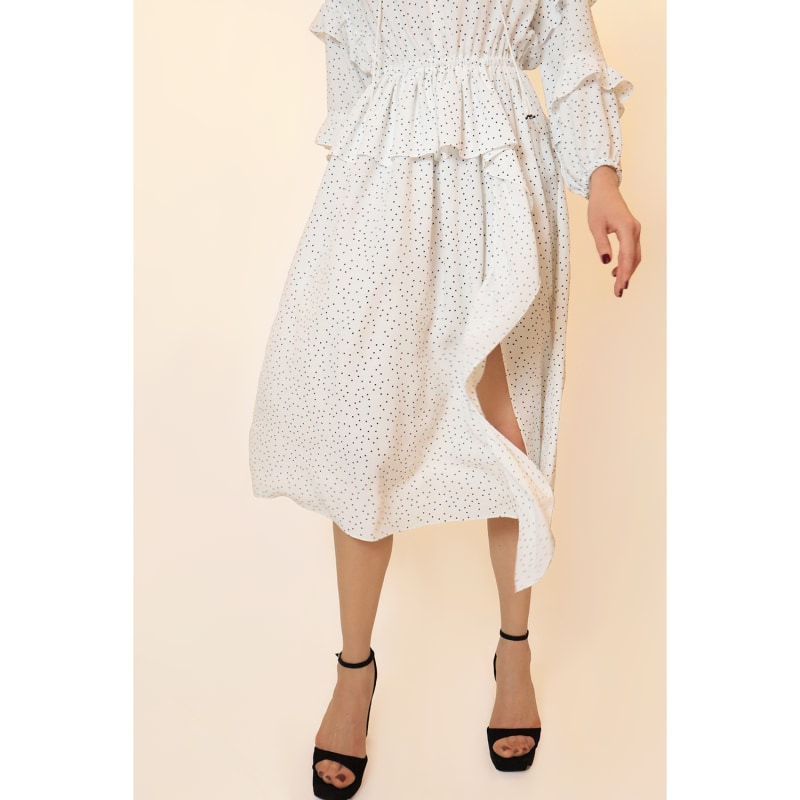 Thumbnail of Aaron Ruffled Split  Polka-Dot Midi Dress - White - Black image