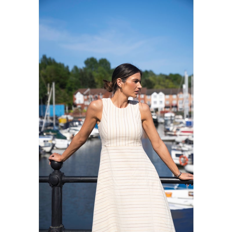 Thumbnail of Abby Pinstriped Midi Dress Ecru image