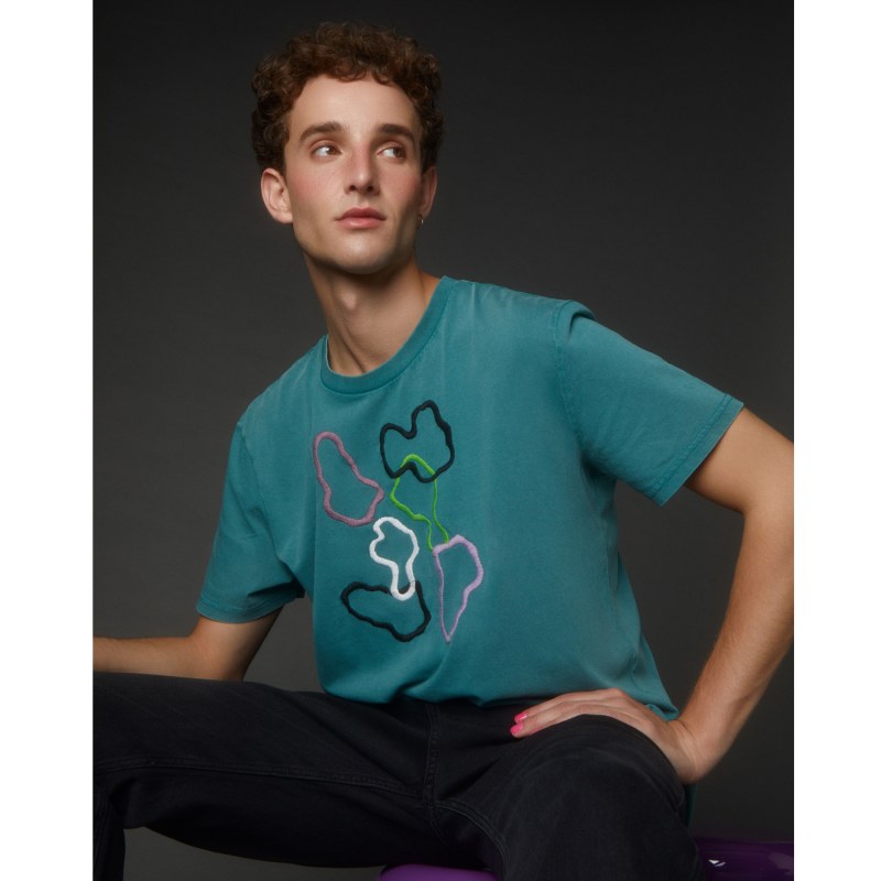 Thumbnail of Abstract Embroidered Organic Cotton T-Shirt Teal Men image