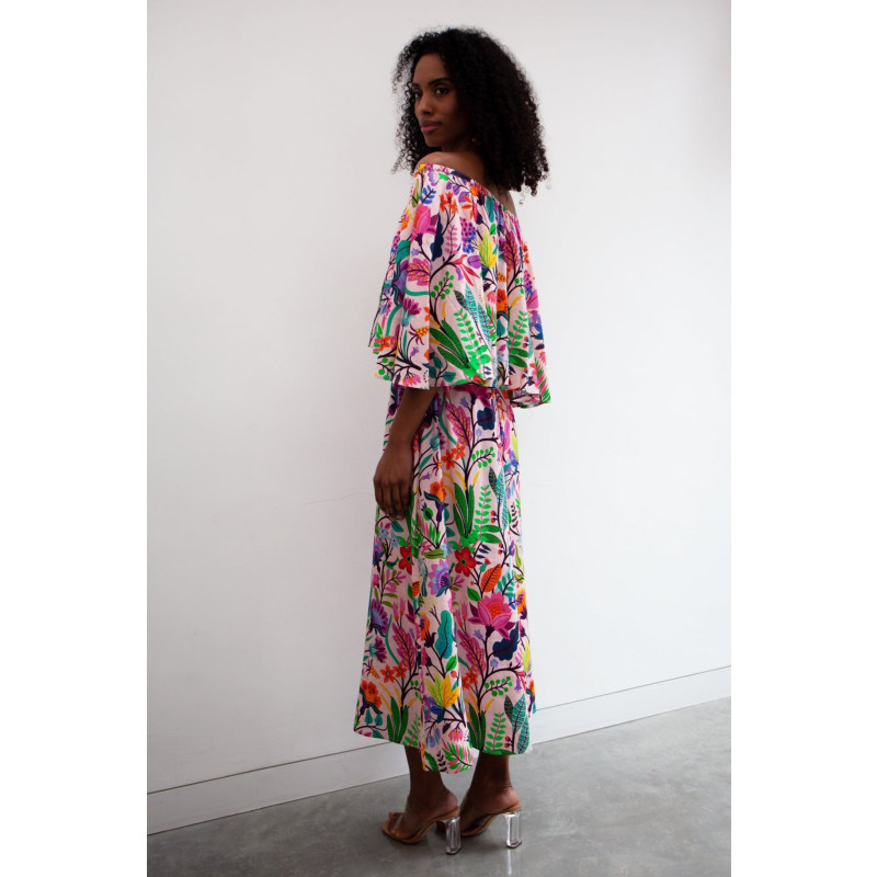 Thumbnail of Adela Tropical Floral Off The Shoulder Bardot Midi Summer Dress In Vibrant Multicolours image