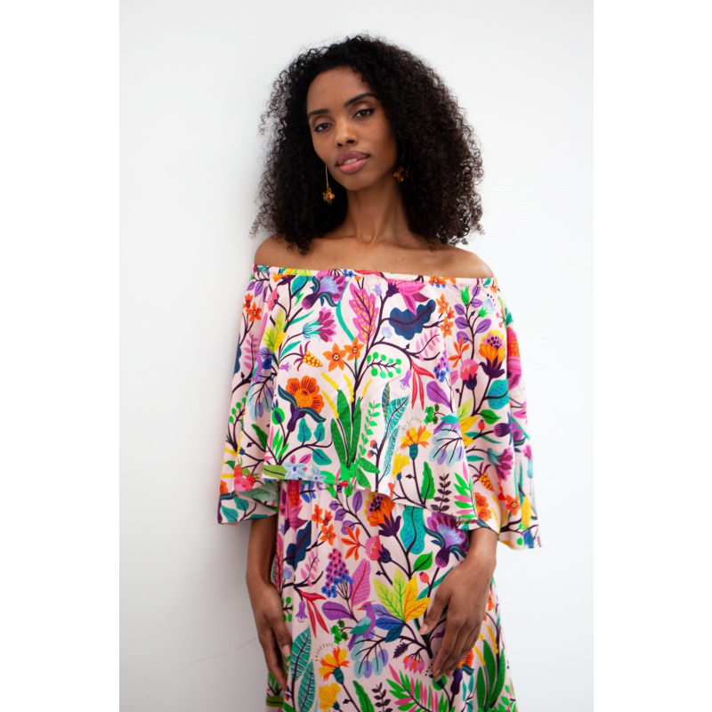 Thumbnail of Adela Tropical Floral Off The Shoulder Bardot Midi Summer Dress In Vibrant Multicolours image