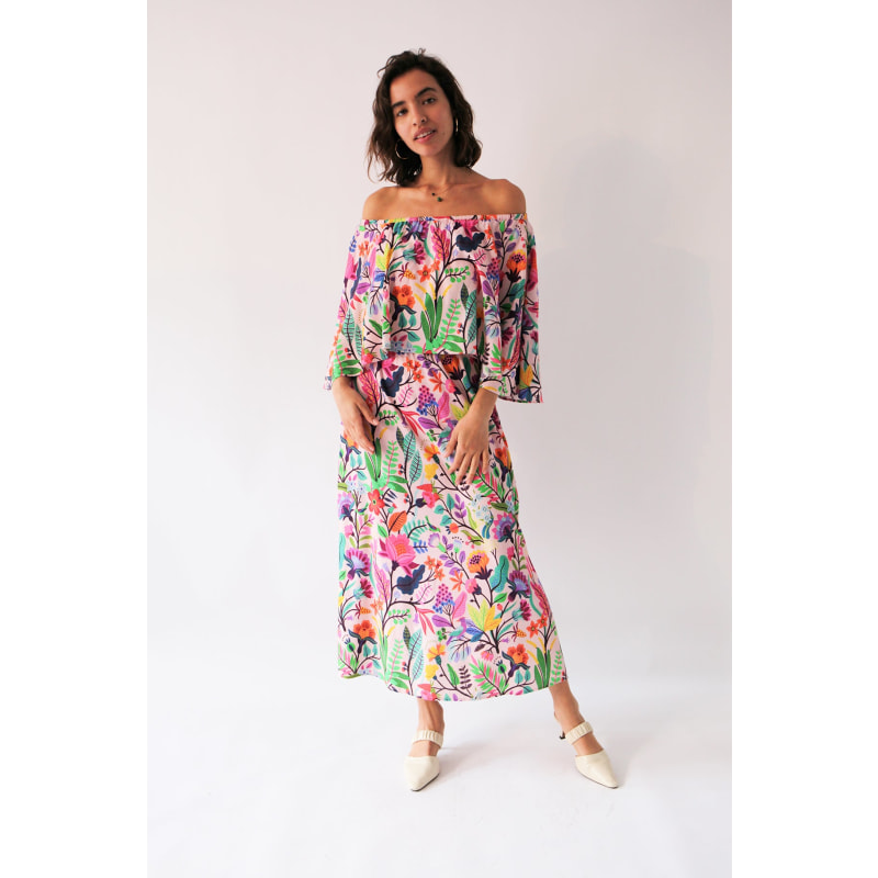 Thumbnail of Adela Tropical Floral Off The Shoulder Bardot Midi Summer Dress In Vibrant Multicolours image