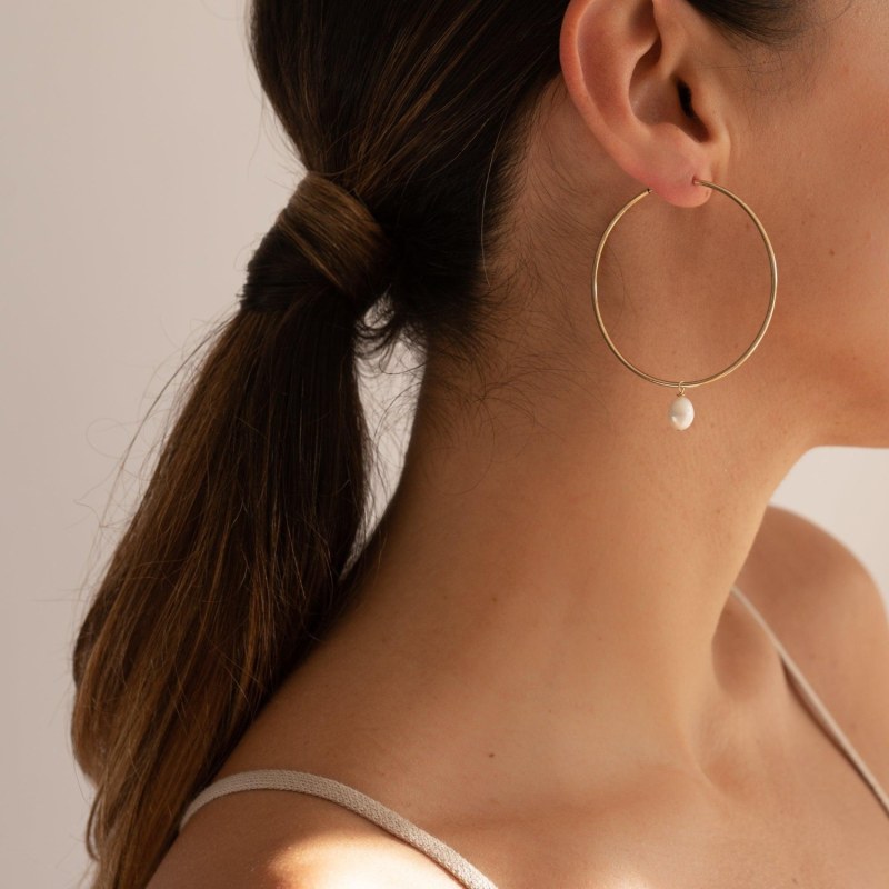 Thumbnail of Adina Large Pearl Gold Thin Hoops image