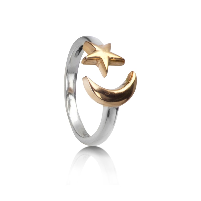 Adjustable Ring With Star And Crescent Moon In Sterling Silver And Gold Vermeil The Jewellery Store London Wolf Badger