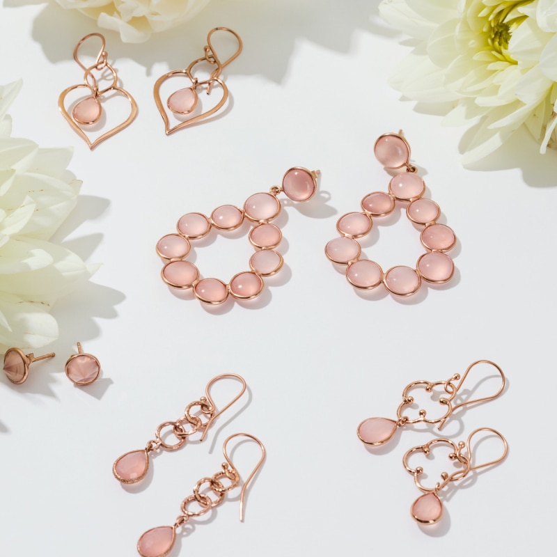 Thumbnail of Open Clover Gemstone Drop Earrings Rosegold Rose Quartz image