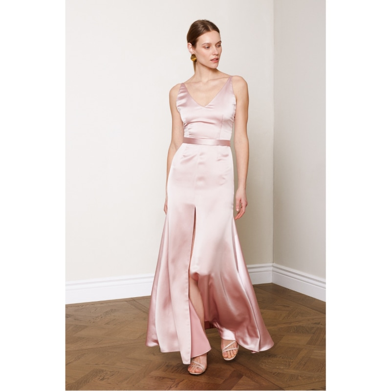 Delina Dusty Pink Satin Maxi Flared Dress With Front Slit Undress Wolf Badger