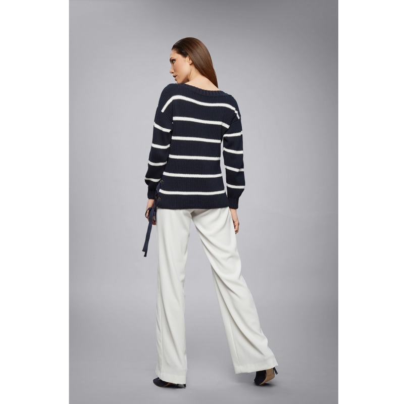 Thumbnail of Monaco Striped Cotton Sweater With Metal Eyelets In Midnight Blue image