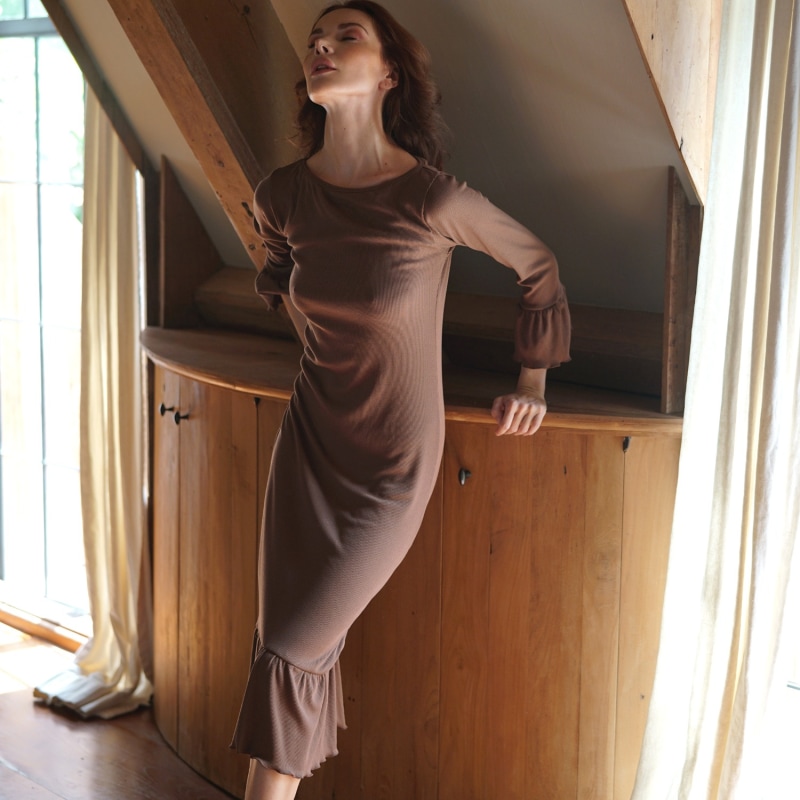 Thumbnail of Marjorie Ruffle Rib Dress In Dark Brown image