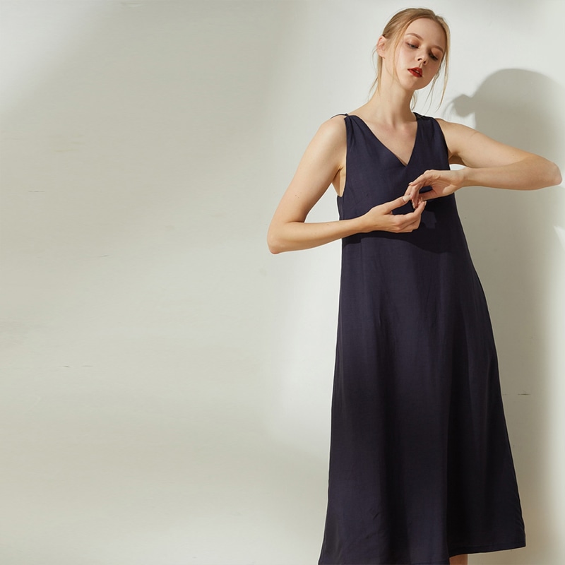 Thumbnail of Asteria Tie-Back Tencel™ Linen Midi Dress In Midnight Navy image