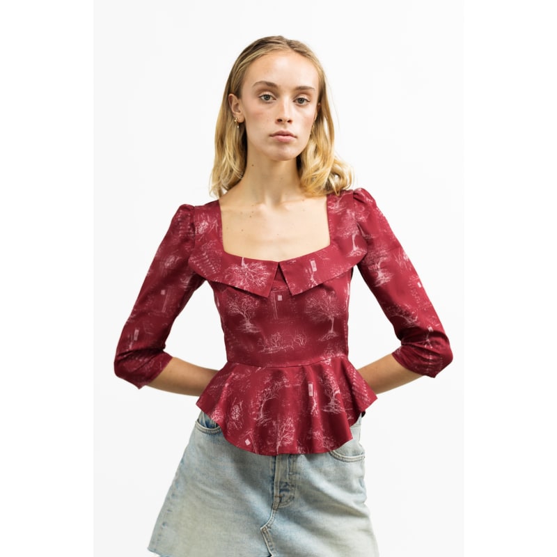 Thumbnail of Mari Peplum Portrait Top In Ruby Red & Alabaster White Cotton Toile image